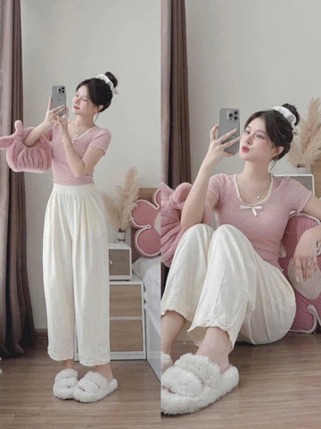 Set492- Set áo len mongtoghi hồng mix quần lien chân ren màu b e