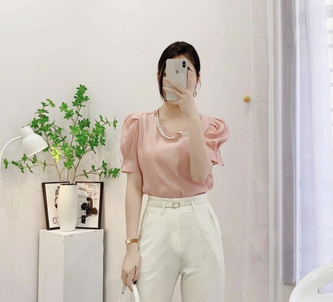 Áo sơ mi tơ viền ngọc tay bồng 3 màu