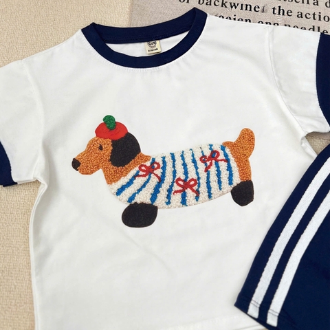 BT834- Bộ cotton đính chó nổi viền trắng-xanh trẻ em
