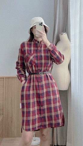 Đầm kẻ suông 3 màu cổ tàu