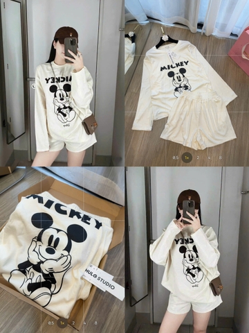 SET1019-Set áo thun dài mickey phối quần cộc be