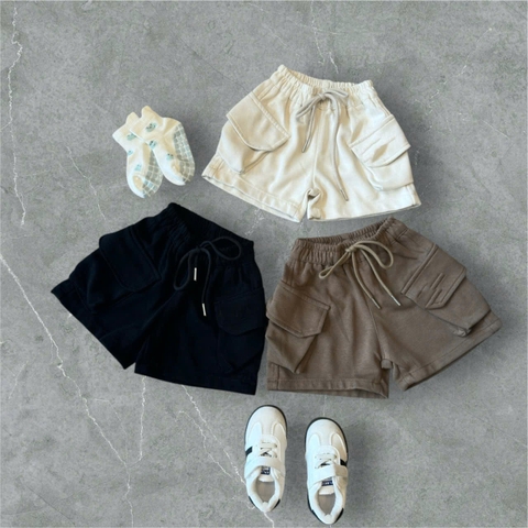 CB251- combo 2 quần short túi hộp chất nỉ mì bé trai màu basic