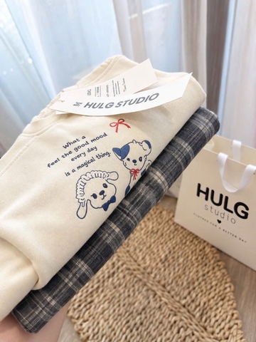 SET1080- Bộ mặc nhà áo cotton phối quần kẻ bo ống