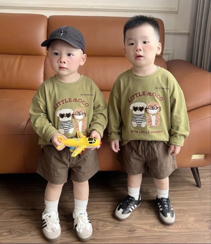 SET1033- Bộ mặc nhà mẹ con áo thun dài tay xanh rêu phối quần nâu