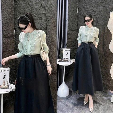 A136-Áo sơ mi nữ voan tơ bèo cổ 2 màu xanh xám