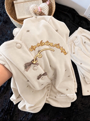 Set1081- Set pijama díp lông mềm màu be đính nơ