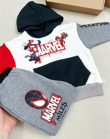 BN184 (9-26kg) Bộ nỉ thu đông dài tay bé trai Mavel phối màu có mũ VNXK