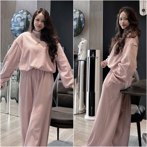 SET811- Bộ mặc nhà áo nỉ díp lông màu hồng phối quần suông