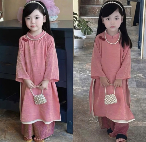 [KEM Vòng + Bờm]  bt775- Bộ áo dài gấm lụa 4 tà bé gái 3 màu cao cấp