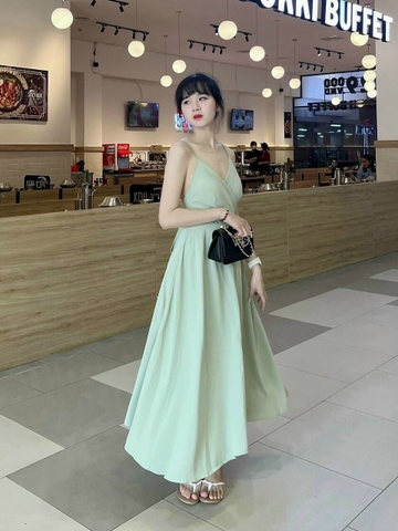 Đầm hai dây buộc nơ lưng 2 màu trắng,xanh