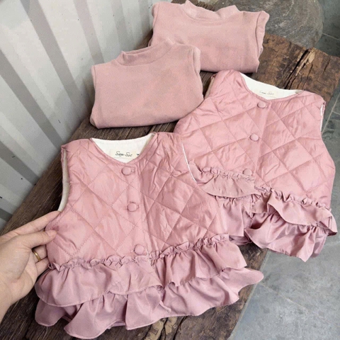 SETKID0550-Set áo phao trần bèo mix áo nỉ hồng bé gái