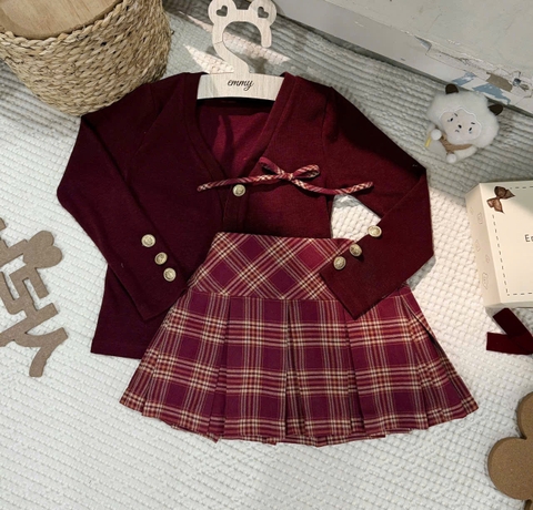 Setkid01- Set váy bé gái màu đỏ cúc đồng thiết kế CV có lót