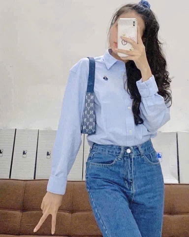 A542-Áo somi xanh đũi thêu ngựa hàng nhà máy đủ tem