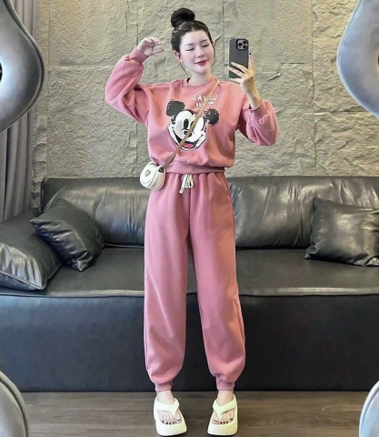 Set340-Bộ nỉ ép MICKEY Hồng dài tay chất