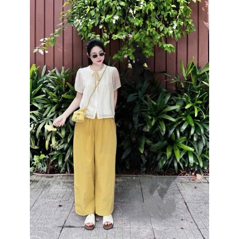 Set661- SET BỘ ÁO TƠ LI PHỐI CỔ REN HAI LỚP MIX QUẦN  BAGGY LI