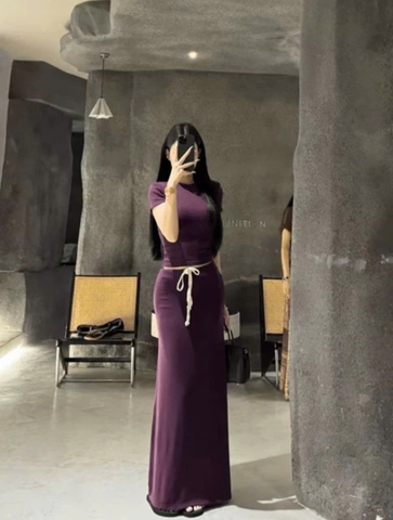 Set701- Set zip tím trơn áo crop mix C.V midi ôm dài