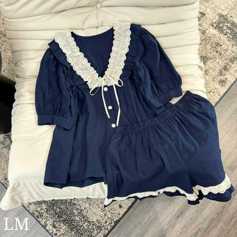 SET490-Bộ cộc  đũi tằm màu than viền ren cạp chun