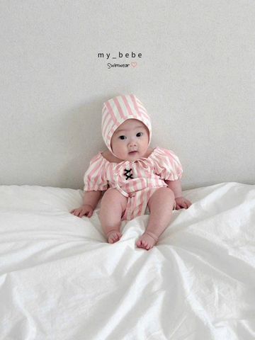BT525- Bộ bơi bikini bé gái sọc hồng kèm mũ