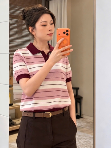 A720-Áo len dệt kim cộc tay kẻ đỏ đủ tem