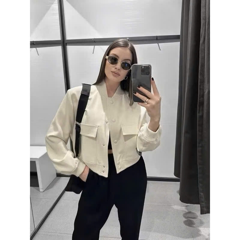 A152- Áo bomber da túi hộp 2 màu đen và be 2 lớp