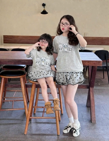 SET913-Set quần áo đôi mẹ con vải cotton cộc màu xám bi