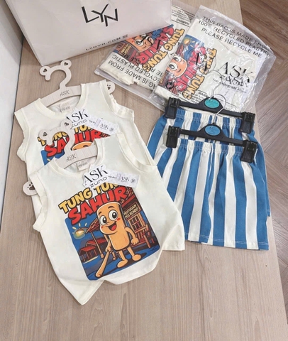 Bt576- Bộ Tung Tung màu be quần kẻ xanh