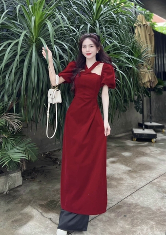 SET ÁO DÀI NHUNG CHUN CHÉO MIX QUẦN LỤA ĐEN