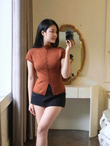 A649-Áo len cộc tay nâu hàng nhà máy đủ tem