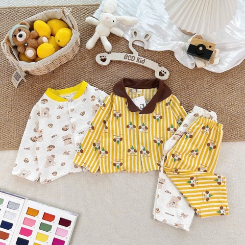 BT1086- Combo 2 bộ pijama vàng trắng cổ đức-cổ tròn