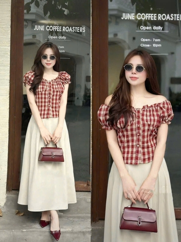 Set717-Set áo kẻ đỏ trễ vai phối quần ống suông