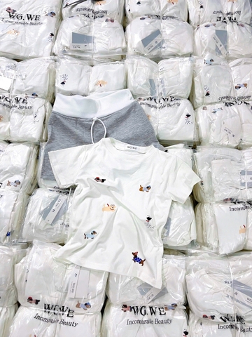 Set693- Bộ cotton CÚN quần trơn dáng cộc áo in