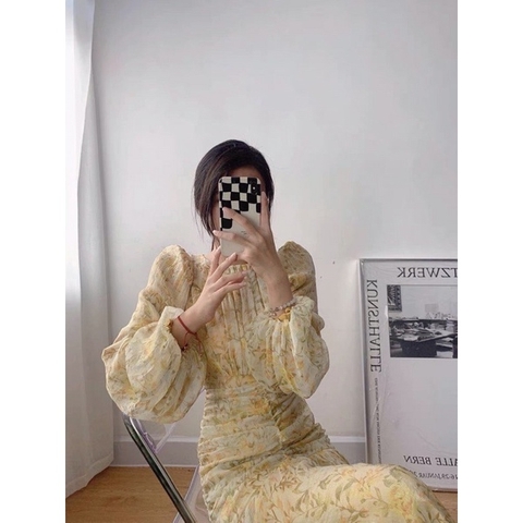 ⚡️BÁN SỈ⚡️Đầm đuôi cá nhún eo tay bồng hoạ tiết hoa vàng