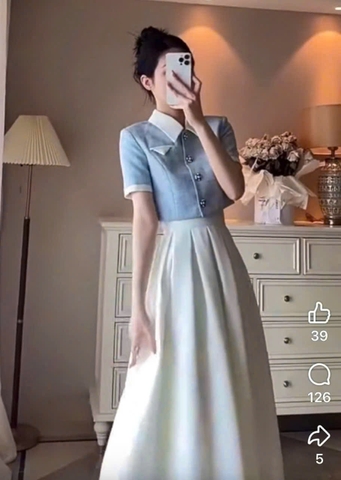 SET394-SET CHÂN VÁY XẾP LI MIXX ÁO WEET XANH  2 LỚP PHỐI CỔ 🌺