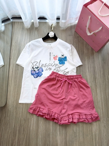 SET916-Set áo thun trắng in nơ phối quần short bèo hồng