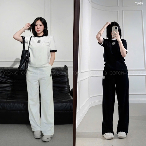 Set724- Set áo cộc quần suông đen trắng viền hoạ tiết thêu