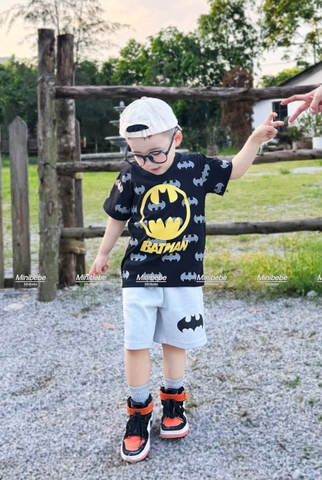 BT542 - Bộ áo cotton đen Badman mix quần nỉ mì màu ghi