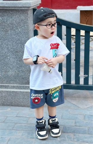 BT483- Bộ captain trắng xanh áo mix quần cua