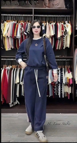 Set799-Set mặc nhà nỉ haida xanh than thêu đỏ quần suông dài