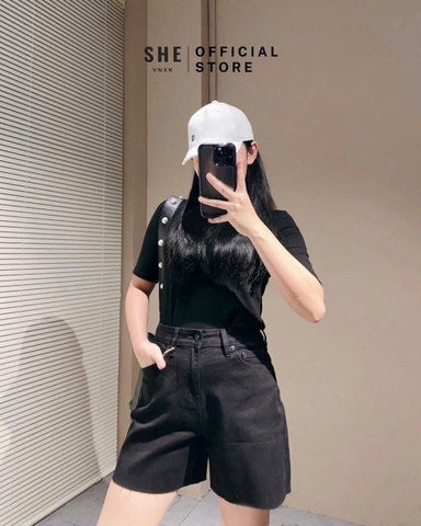 Quan044- Quần short jeans đen hàng máy full tem