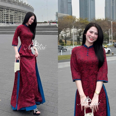 SET753- Bộ áo dài truyền thống gấm lụa xanh đỏ cúc tàu