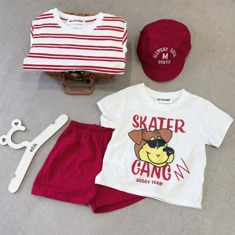 BT441- Bộ 2 áo cotton kẻ đỏ mix quần kaki đỏ