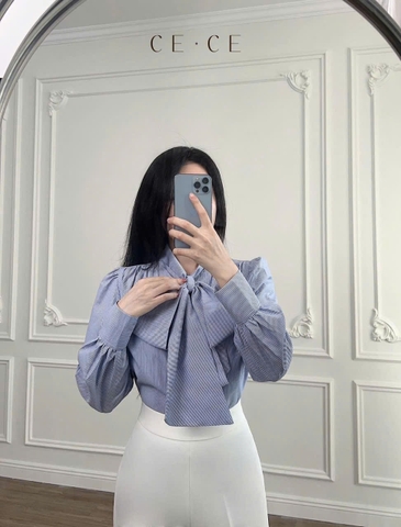 A135-Áo somi nữ kẻ xanh nơ cổ