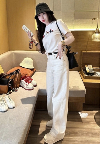 SET849-Bộ áo thun phối quần jean suông đỏ trắng