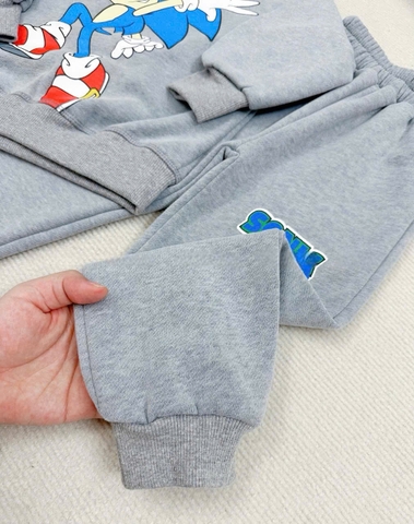 BN182 (9-26kg) Bộ nỉ thu đông dài tay bé trai Sonic màu xám có mũ VNXK