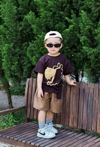 BT527- Bộ áo cotton Nâu đậm in Sư tử mix quần kaki túi phối