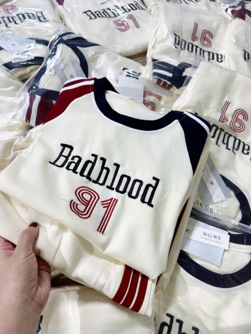 Set870-Bộ cotton nỉ màu be thêu chữ BLOOD áo cộc quần dài