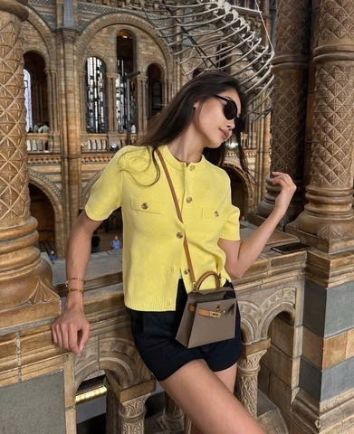 A396- Áo len dệt kim cộc tay cúc đồng hàng nhà máy chuẩn 2 màu vàng hồng