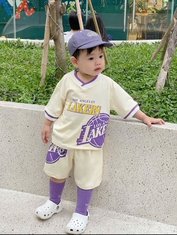 Size đại-   BT444- Bộ cotton LAKERS màu be viền tím trẻ em