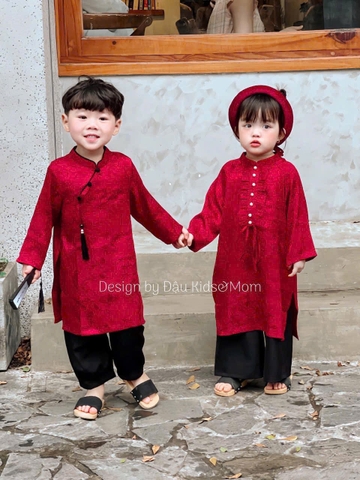 SETKID059- Set áo dài trai/gái đỏ quần lụa đen