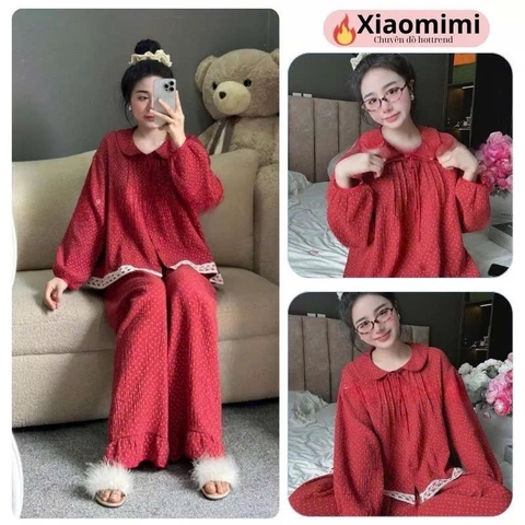 SET464- Set hoa nhí đỏ viền ren dài tay chất musilin